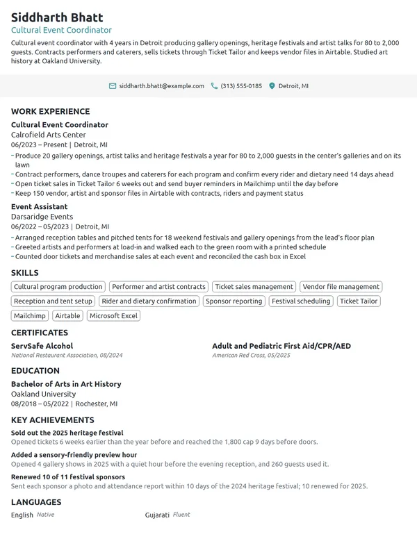 Cultural Event Coordinator resume example