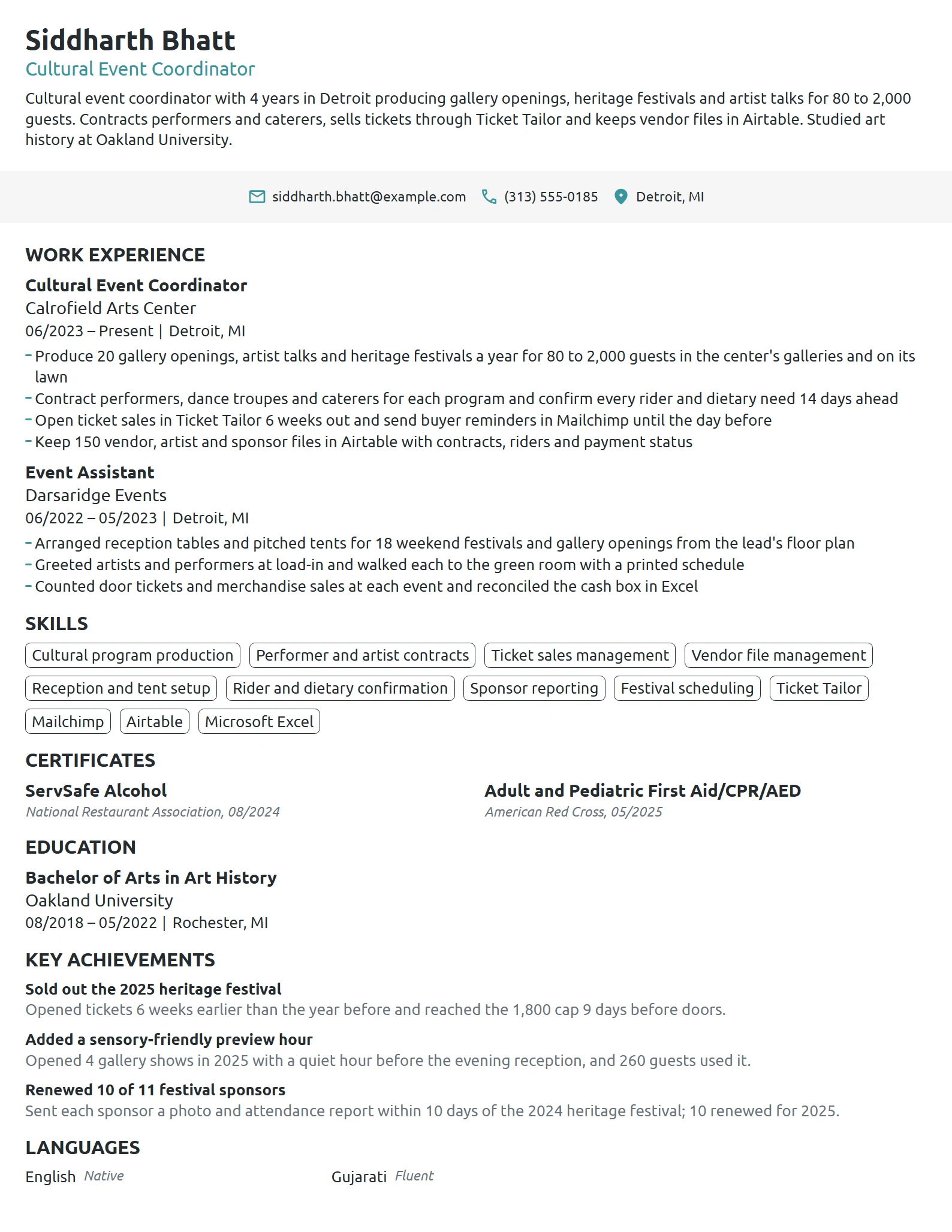 Cultural Event Coordinator resume example