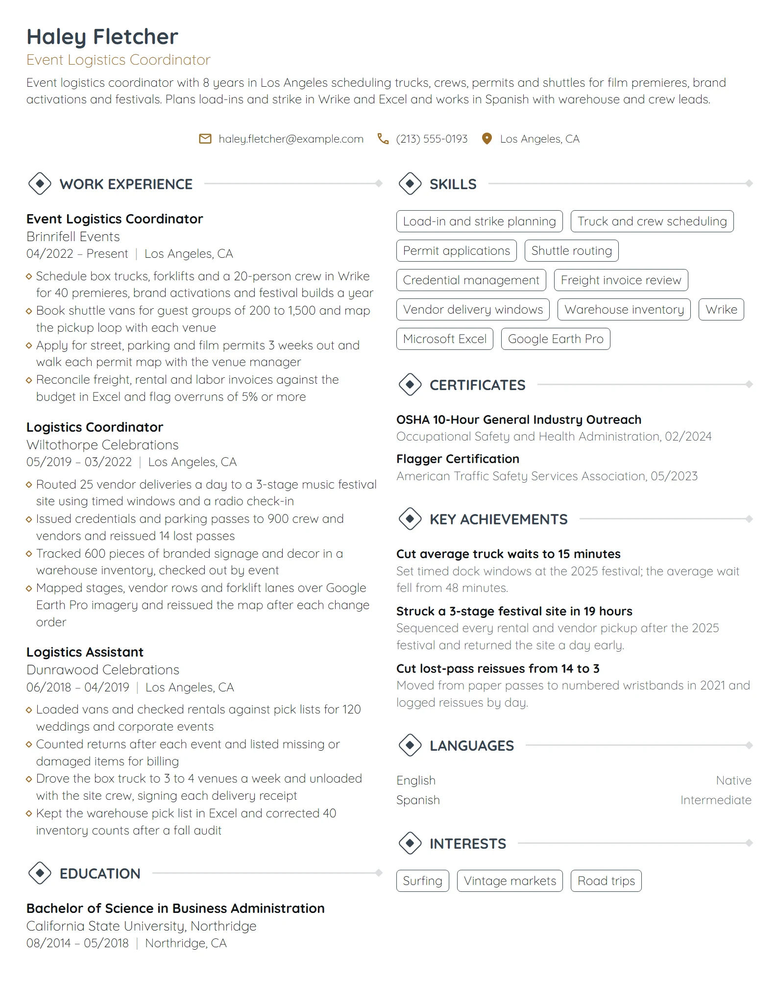 Event Logistics Coordinator resume example