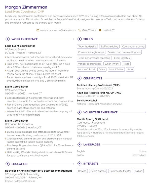 Lead Event Coordinator resume example