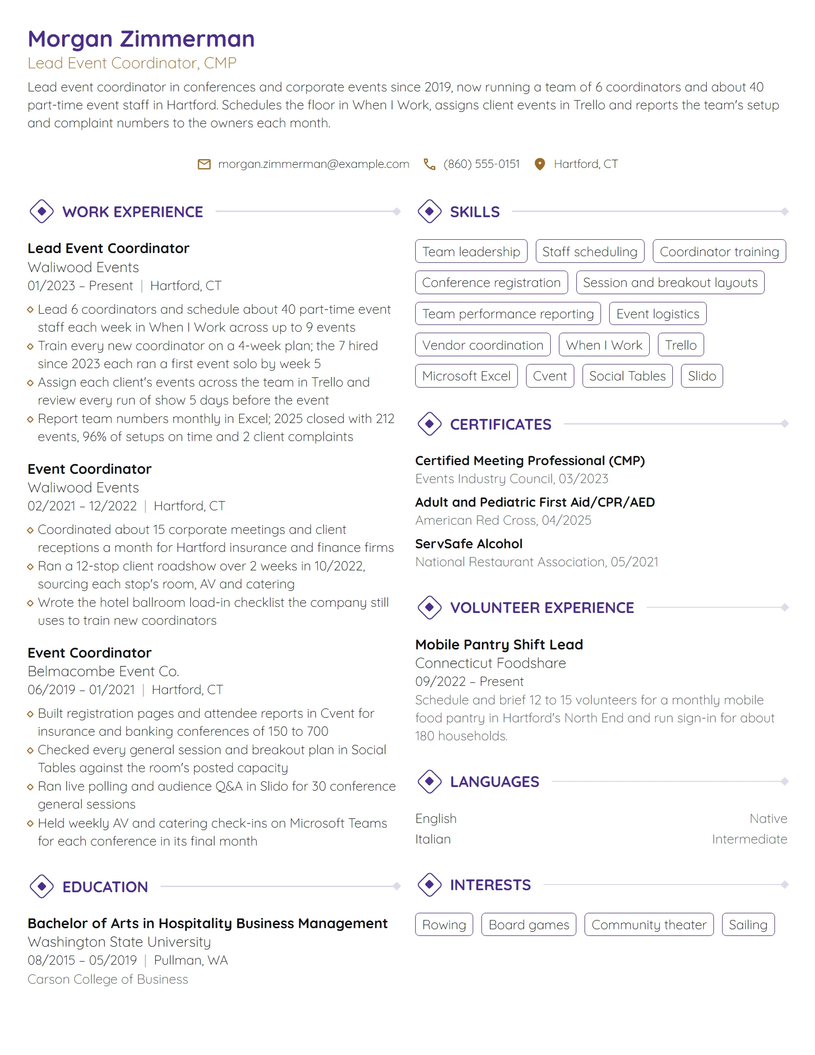 Lead Event Coordinator resume example
