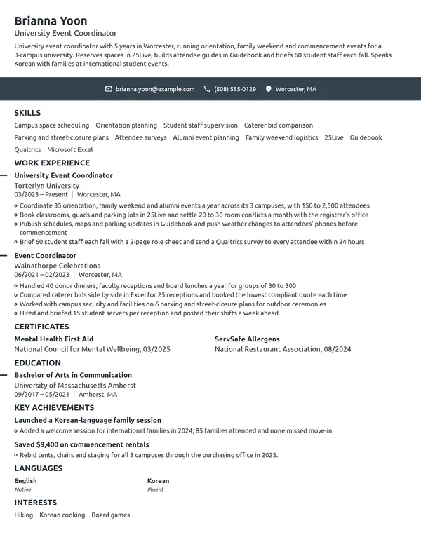 University Event Coordinator resume example
