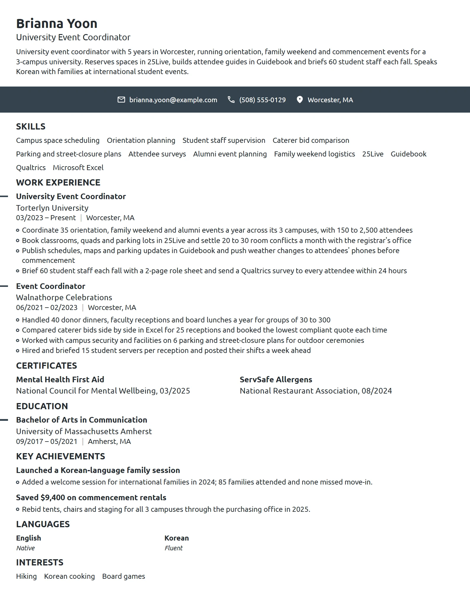 University Event Coordinator resume example