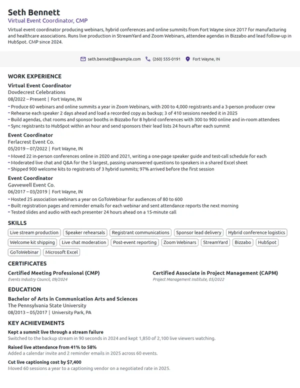Virtual Event Coordinator resume example