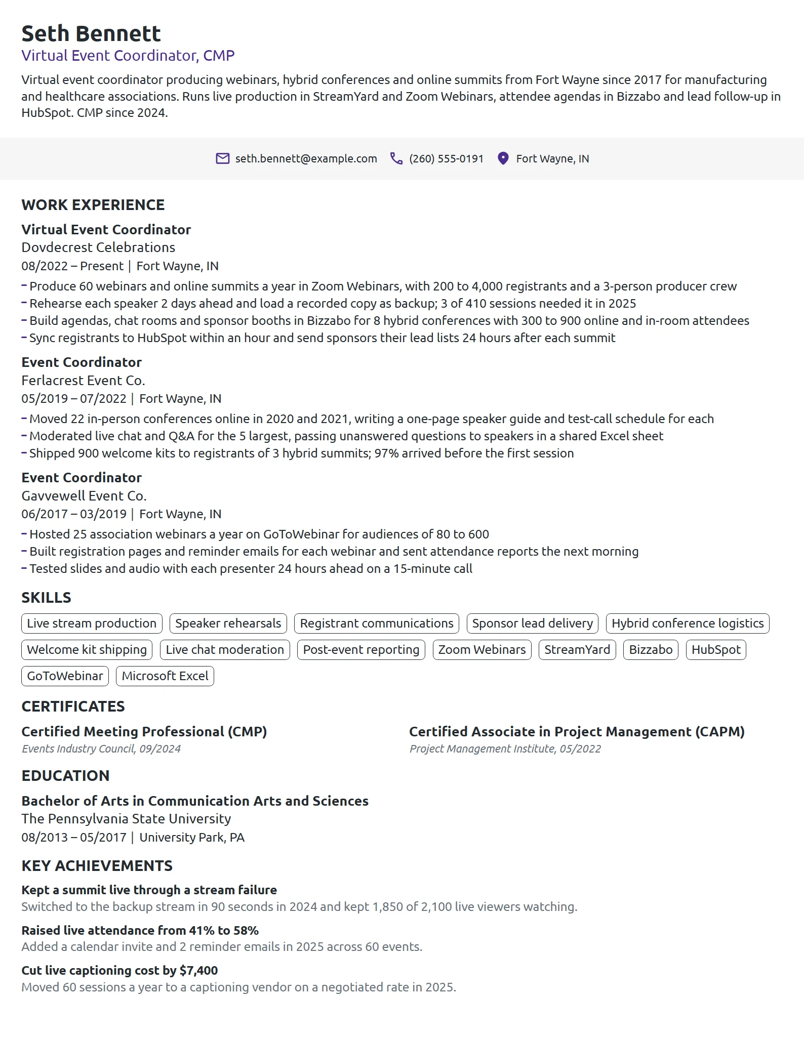 Virtual Event Coordinator resume example