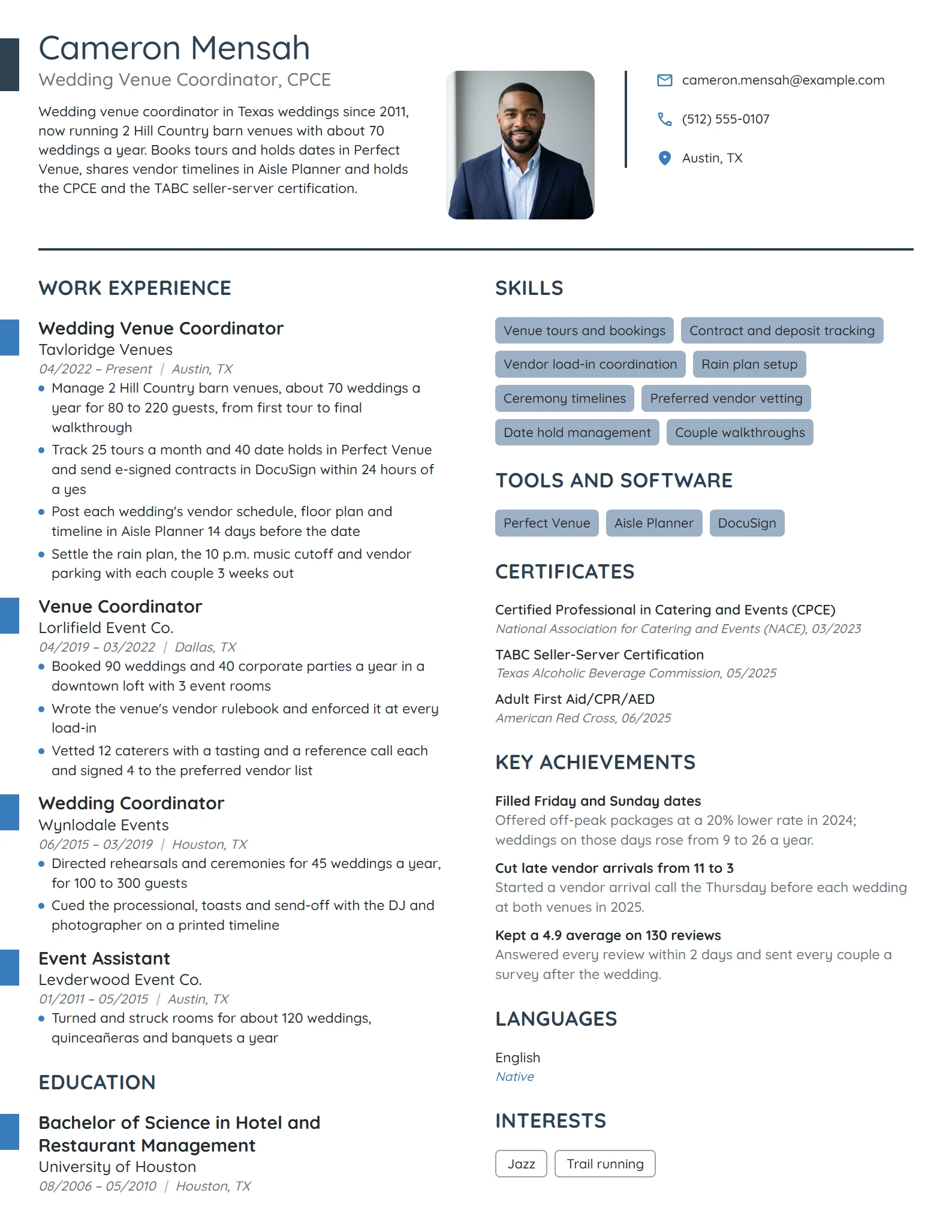 Wedding Venue Coordinator resume example