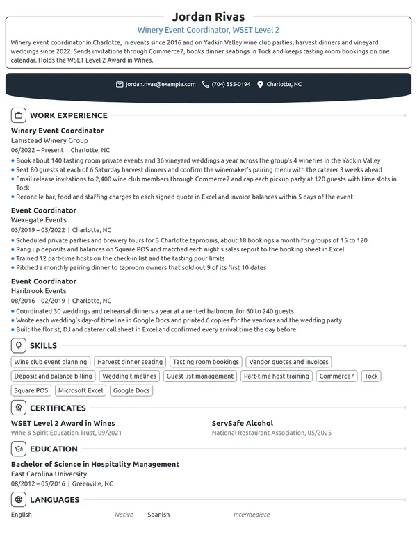 Winery Event Coordinator resume example