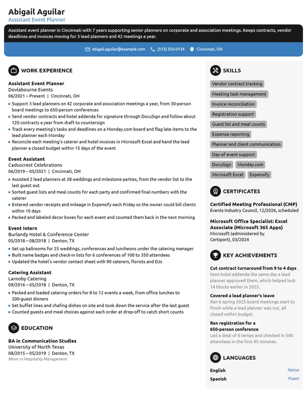 Assistant Event Planner resume example
