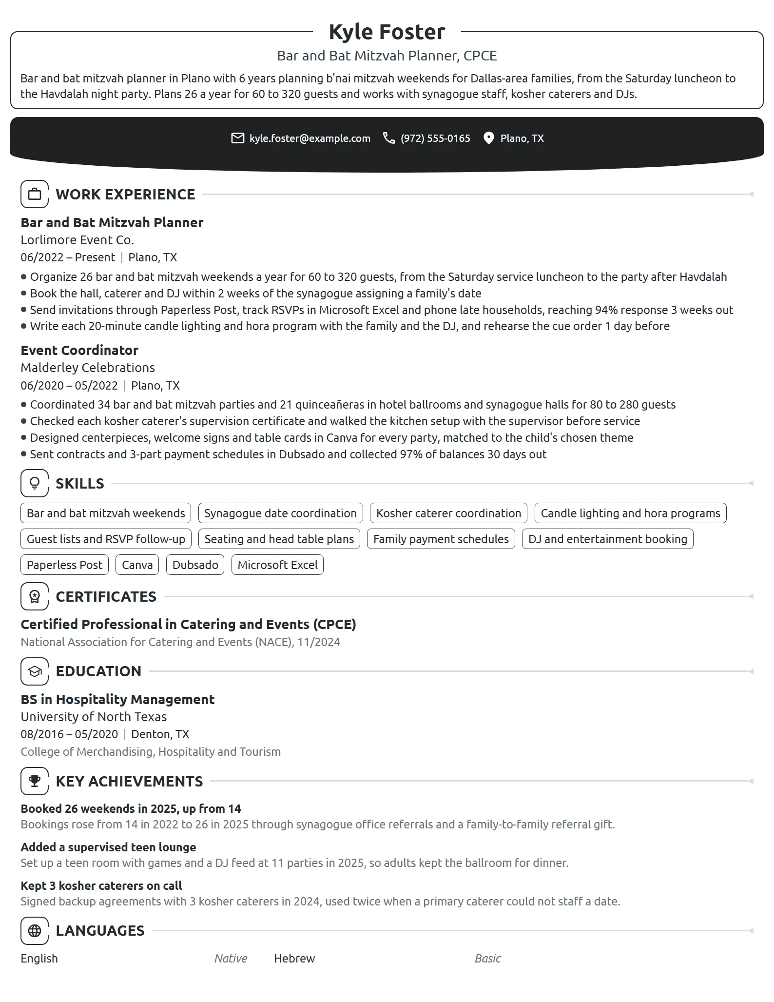 Bar and Bat Mitzvah Planner resume example