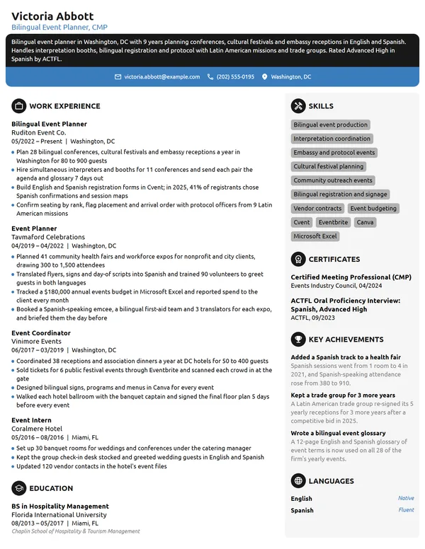 Bilingual Event Planner resume example