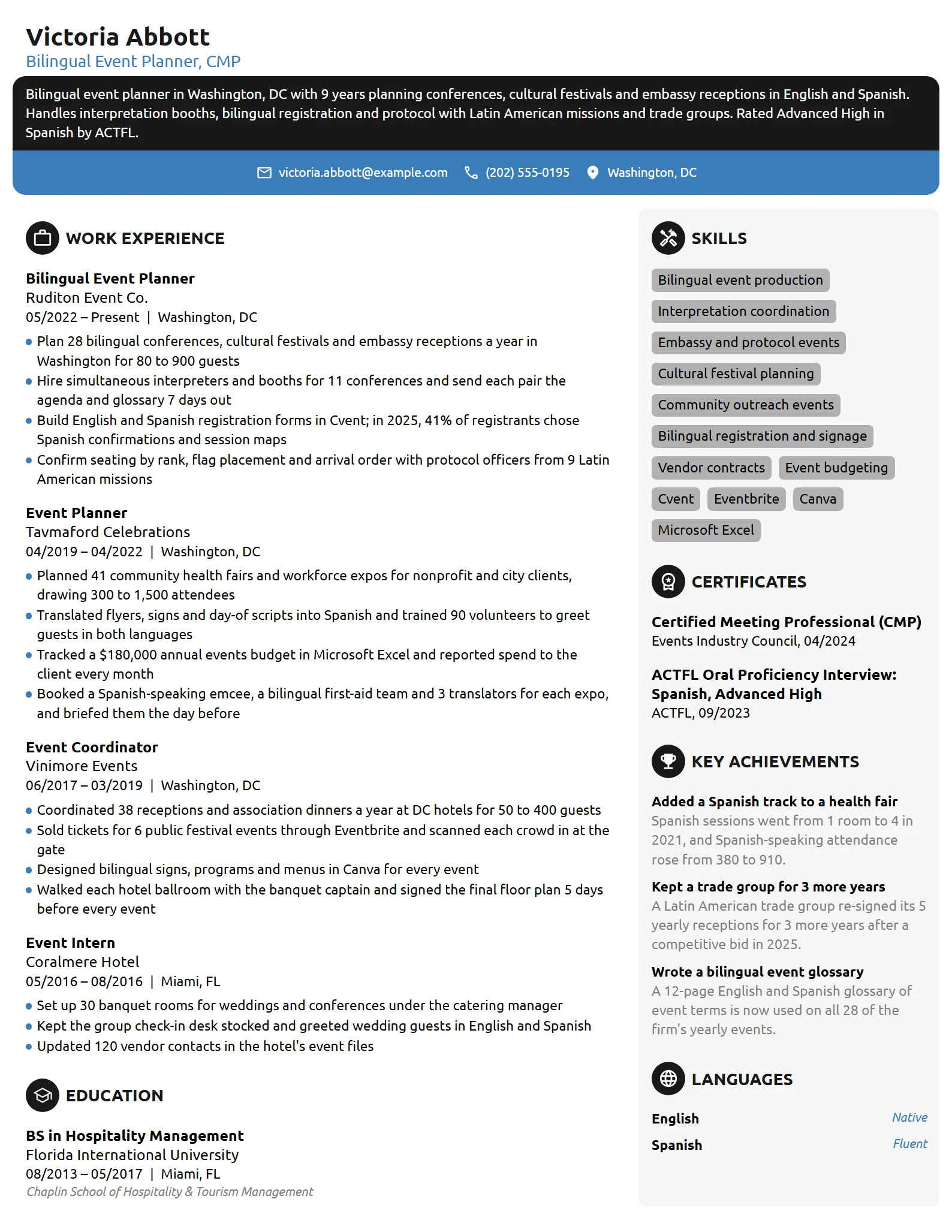 Bilingual Event Planner resume example