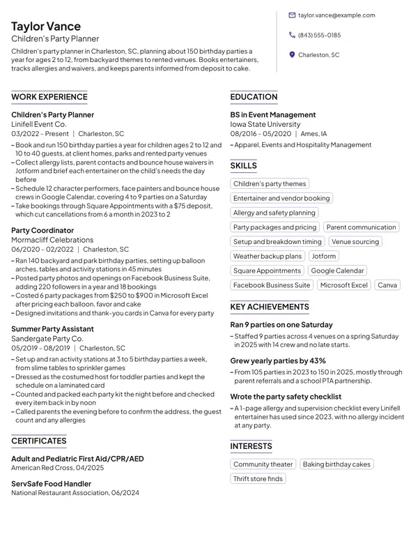 Children's Party Planner resume example
