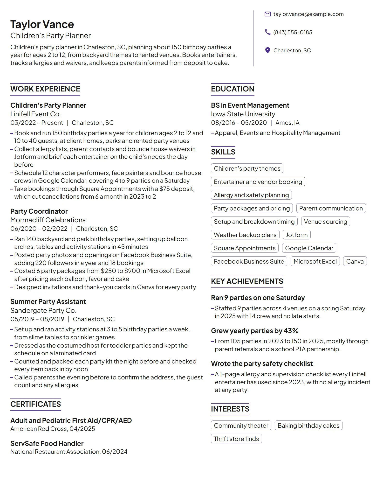Children's Party Planner resume example