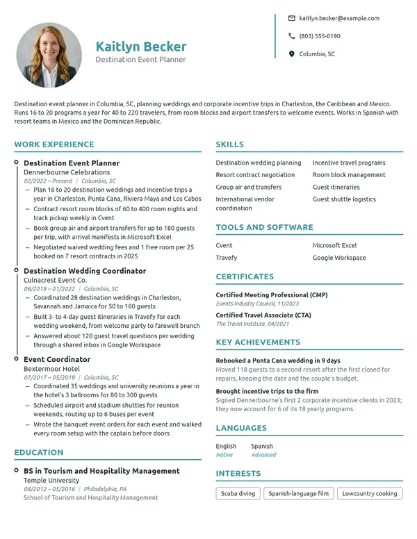 Destination Event Planner resume example