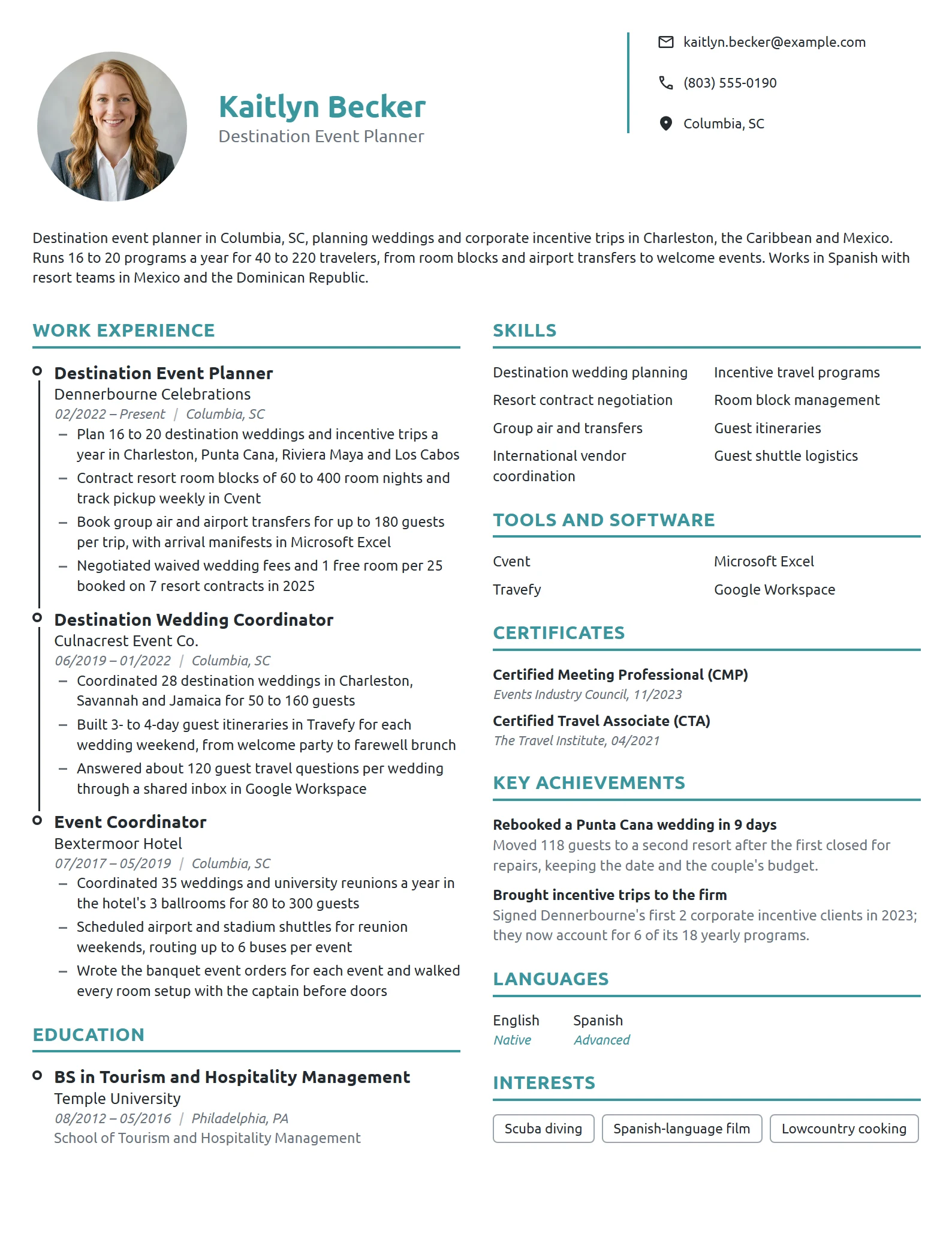 Destination Event Planner resume example