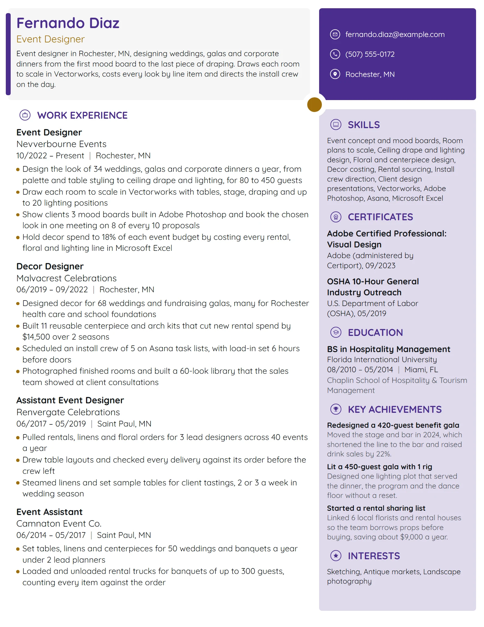 Event Designer resume example