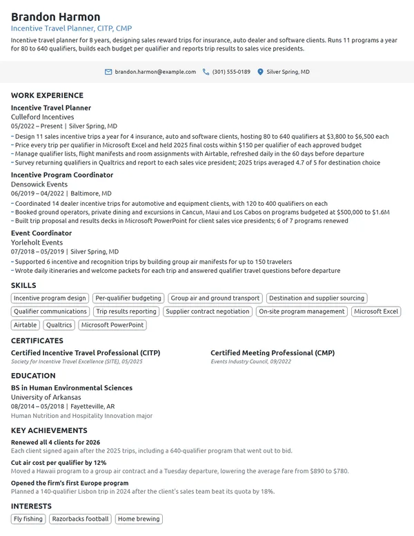 Incentive Travel Planner resume example