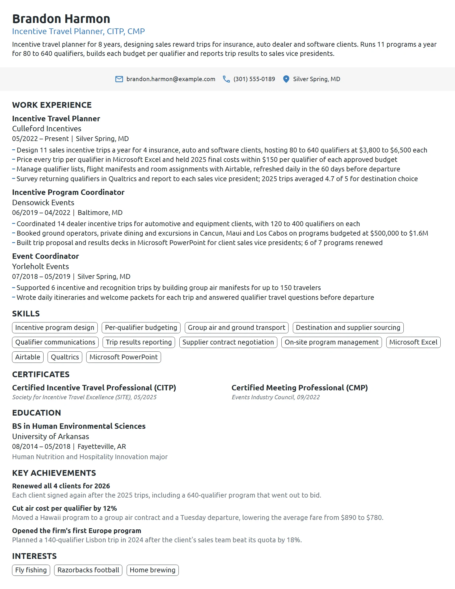 Incentive Travel Planner resume example