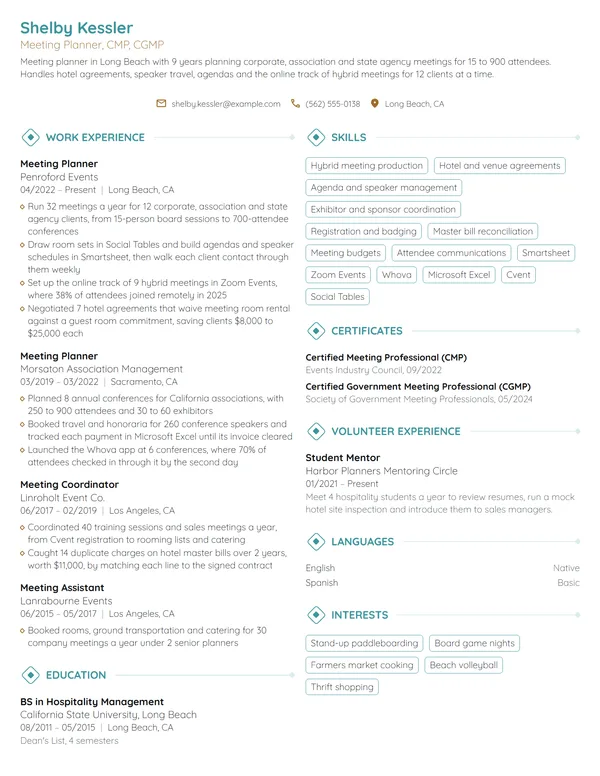 Meeting Planner resume example