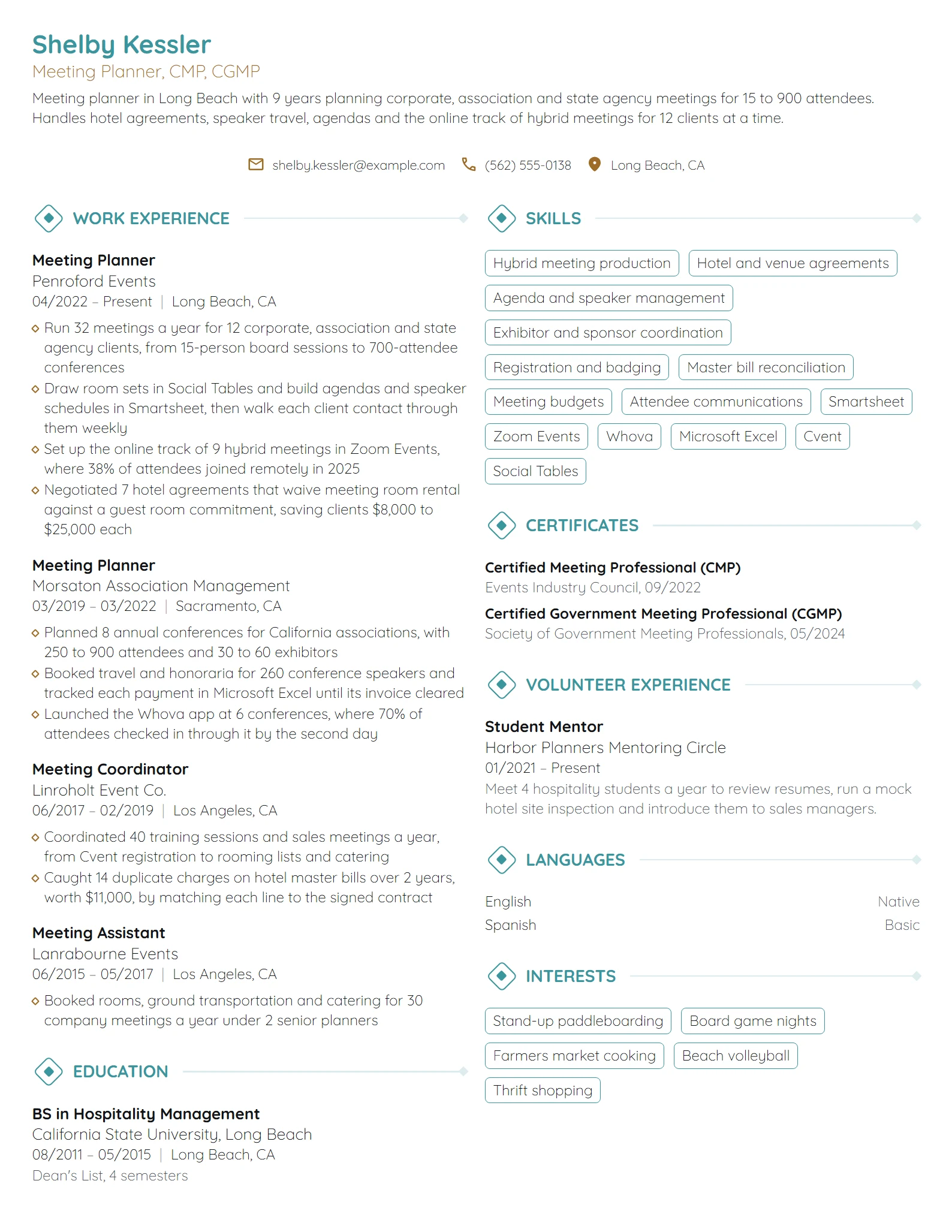 Meeting Planner resume example
