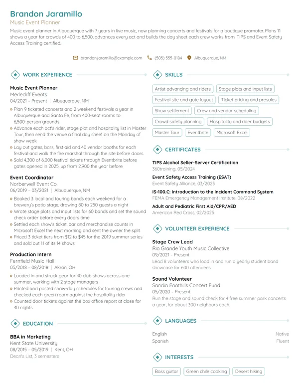 Music Event Planner resume example