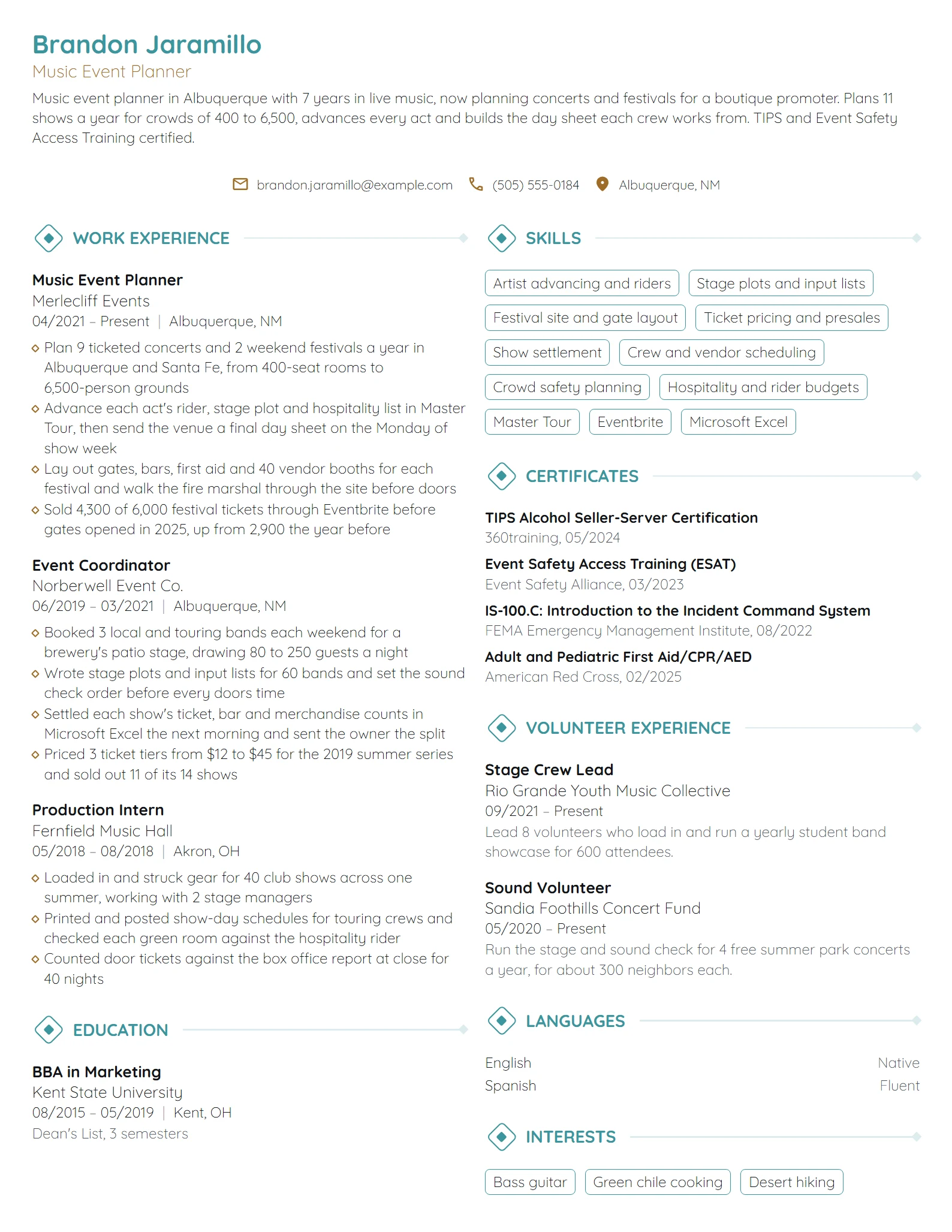 Music Event Planner resume example