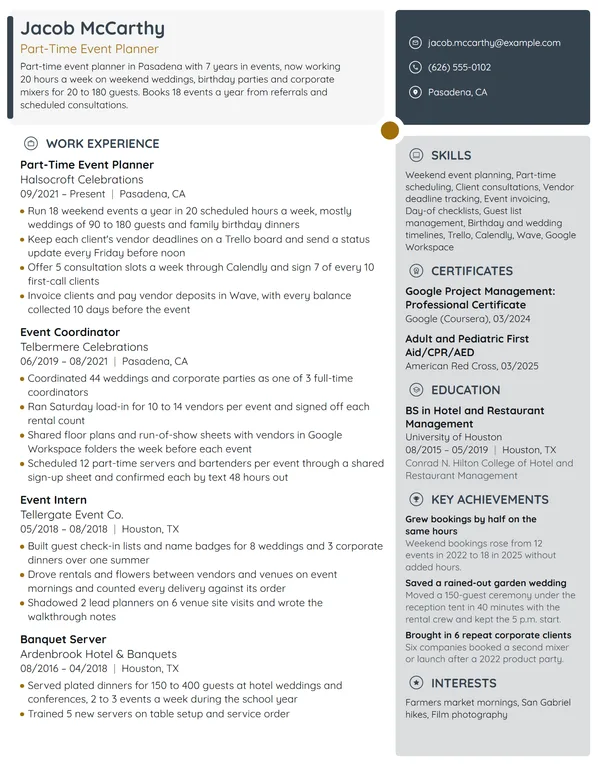 Part-Time Event Planner resume example