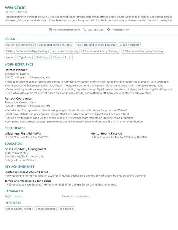 Retreat Planner resume example
