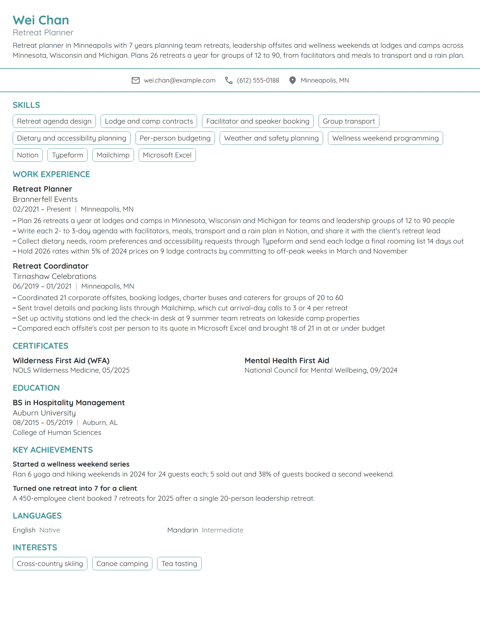 Retreat Planner resume example