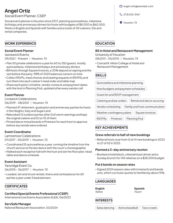 Social Event Planner resume example