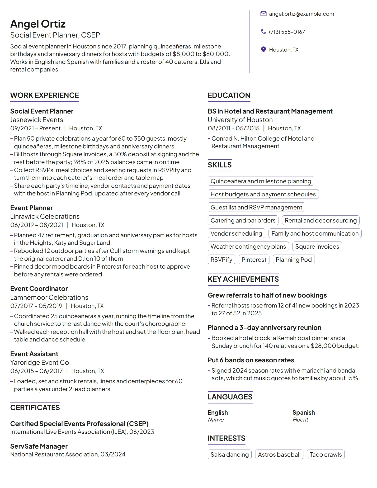 Social Event Planner resume example