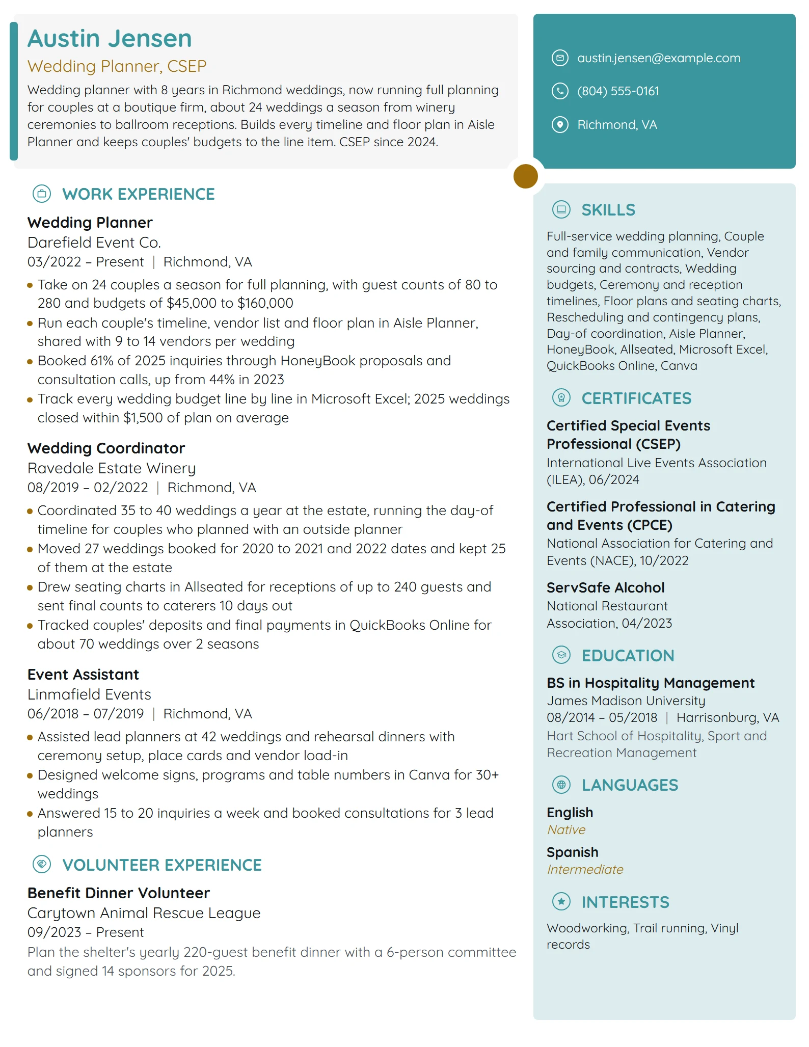 Wedding Planner resume example