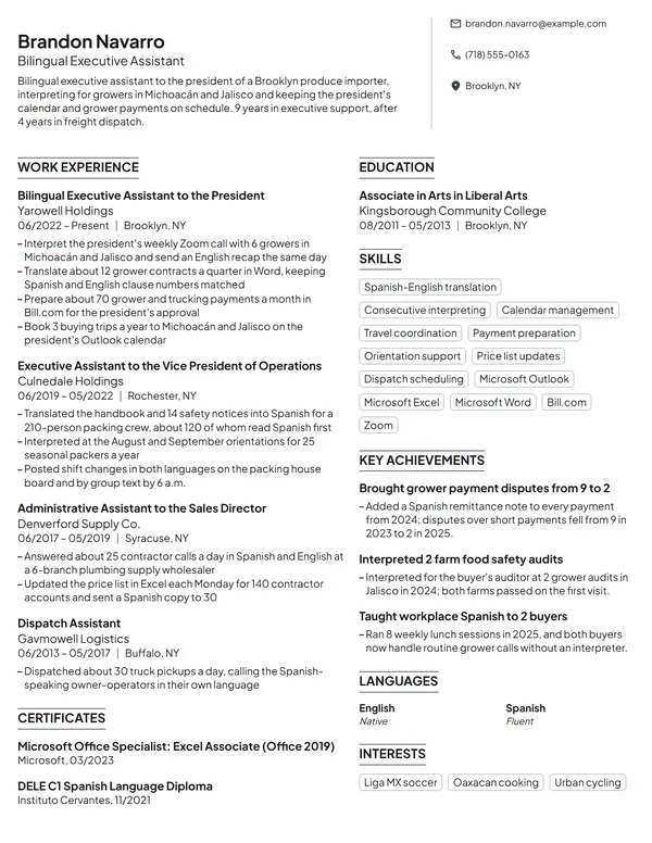 Bilingual Executive Assistant resume example