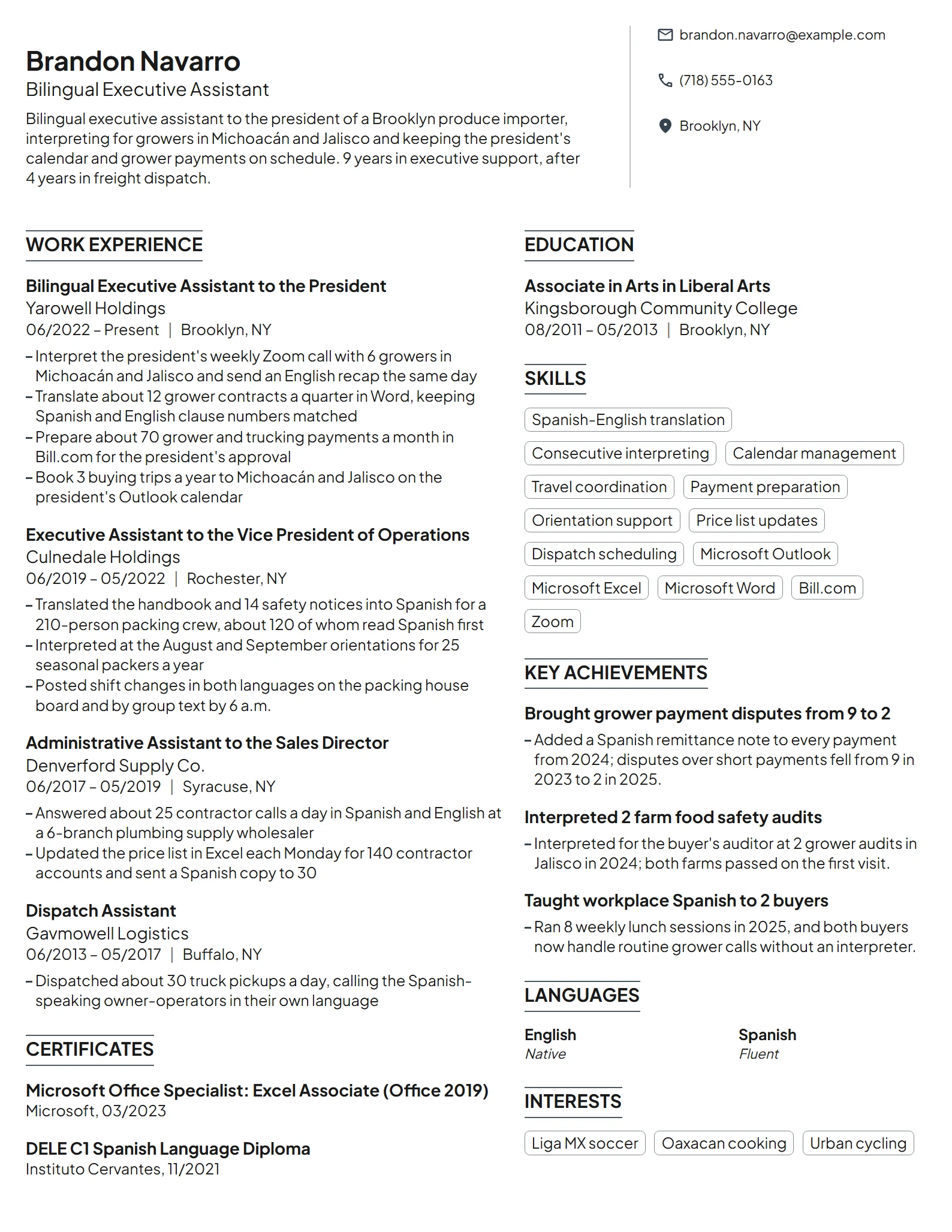 Bilingual Executive Assistant resume example