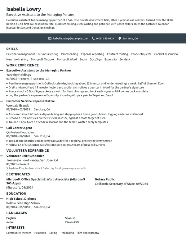 Career Change Executive Assistant resume example