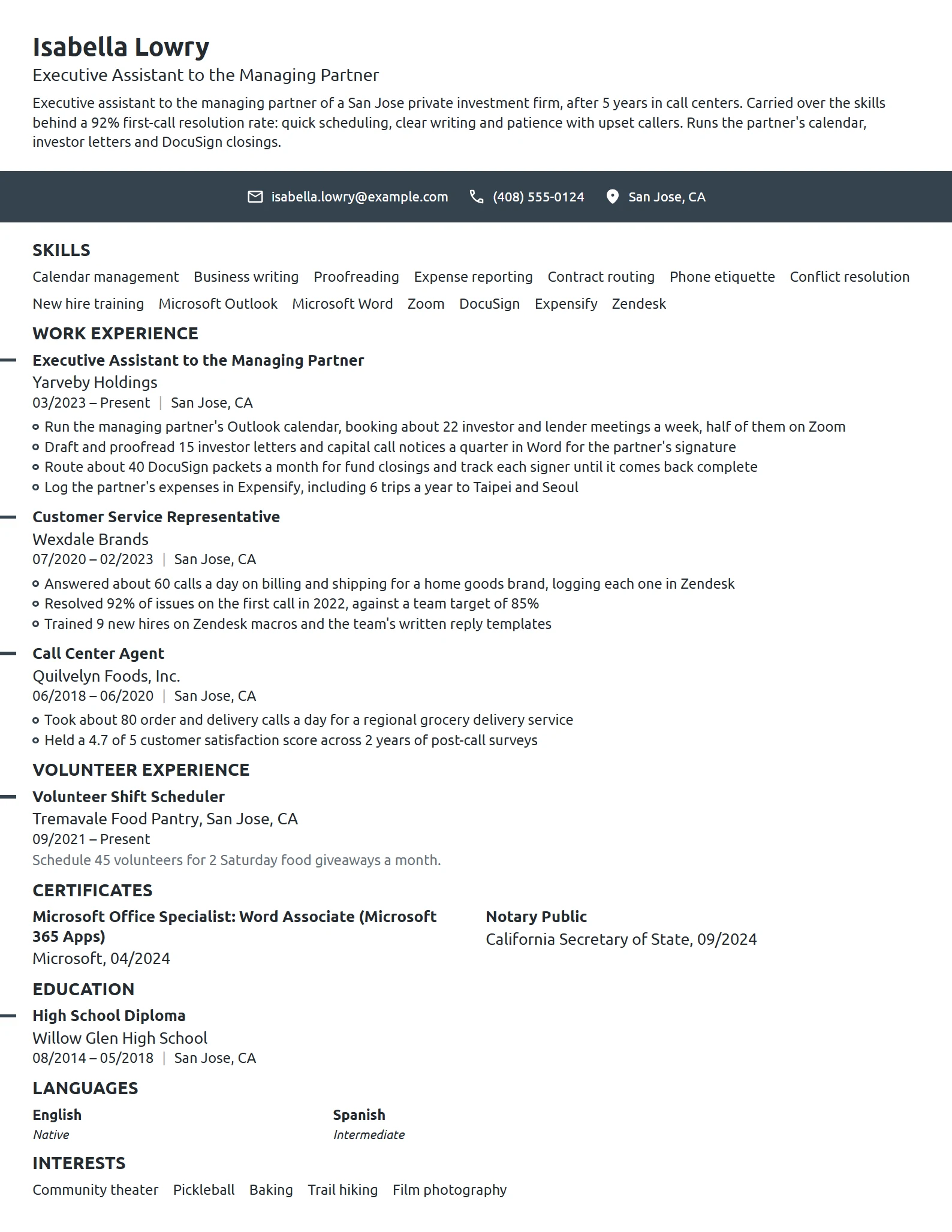 Career Change Executive Assistant resume example