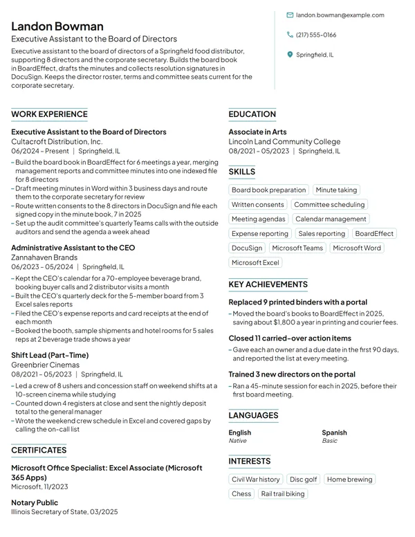 Executive Assistant to the Board resume example