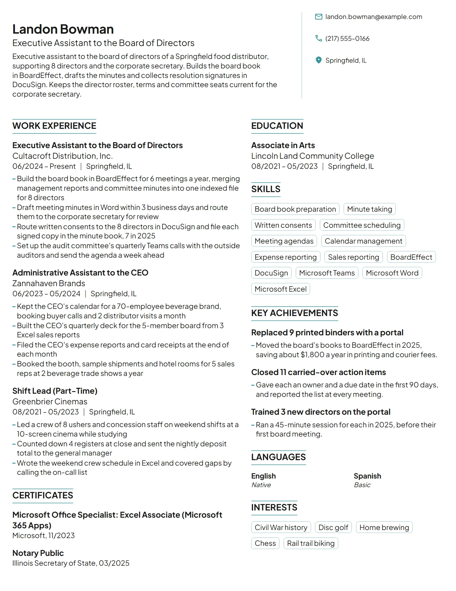 Executive Assistant to the Board resume example