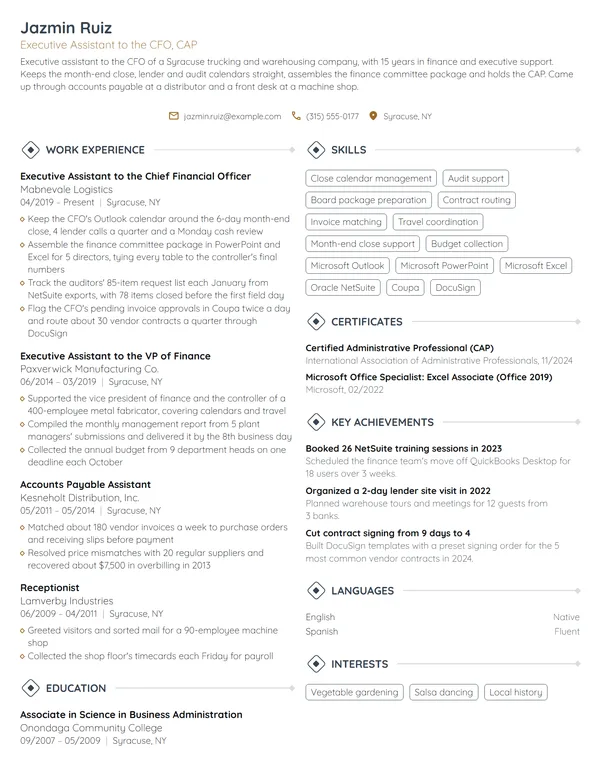 Executive Assistant to the CFO resume example