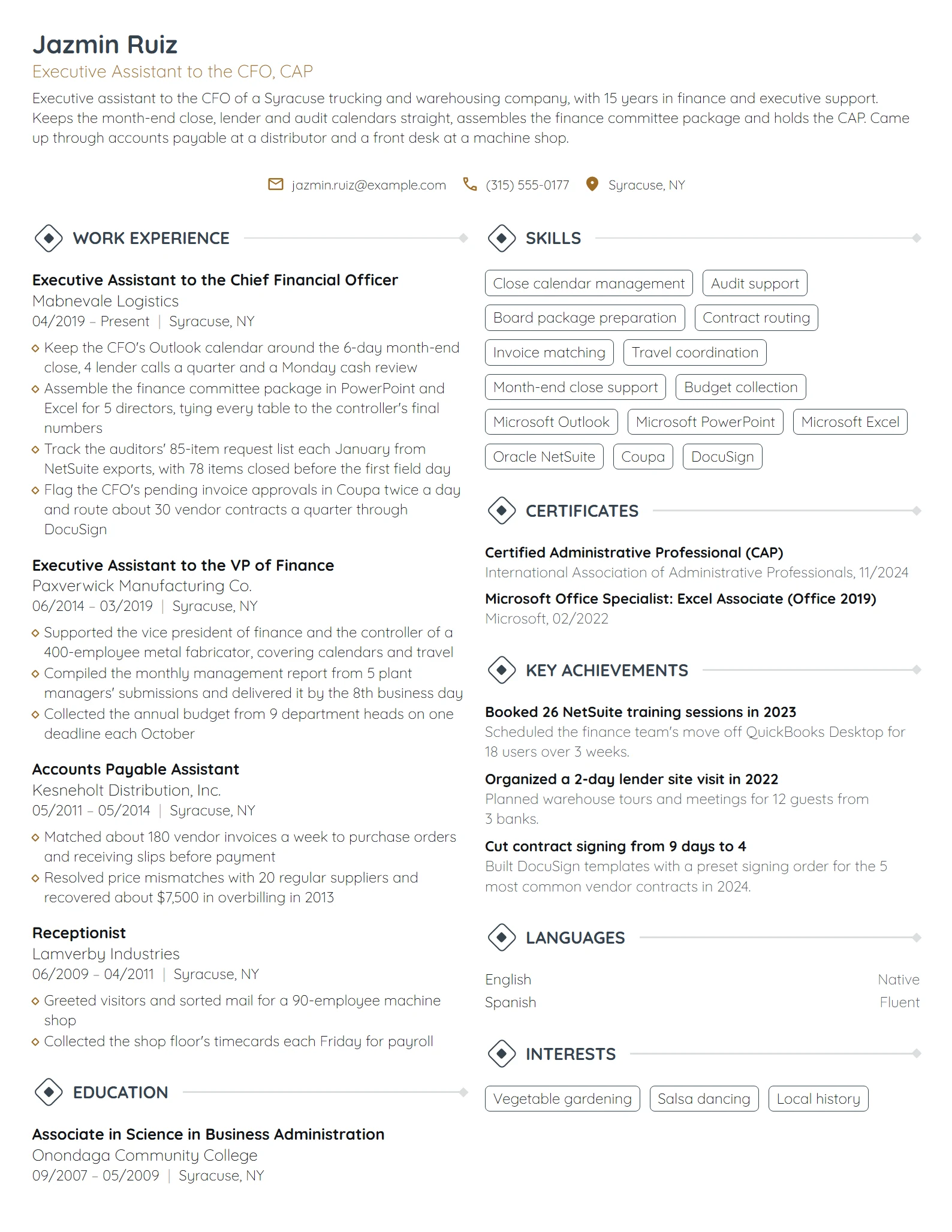 Executive Assistant to the CFO resume example