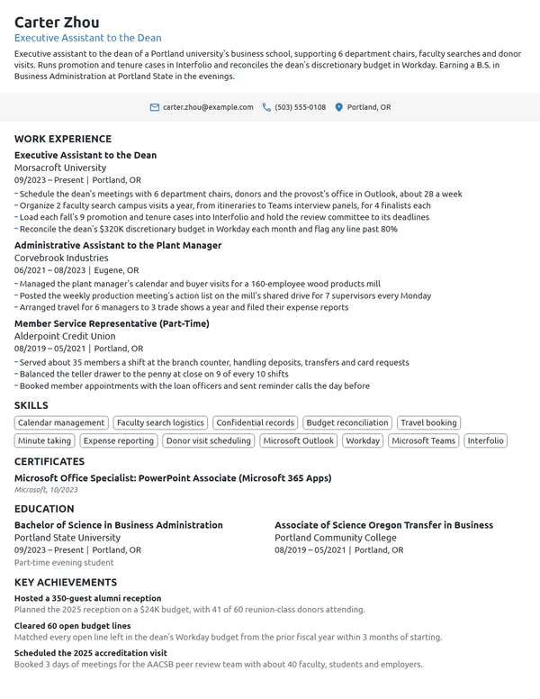 Executive Assistant to the Dean resume example