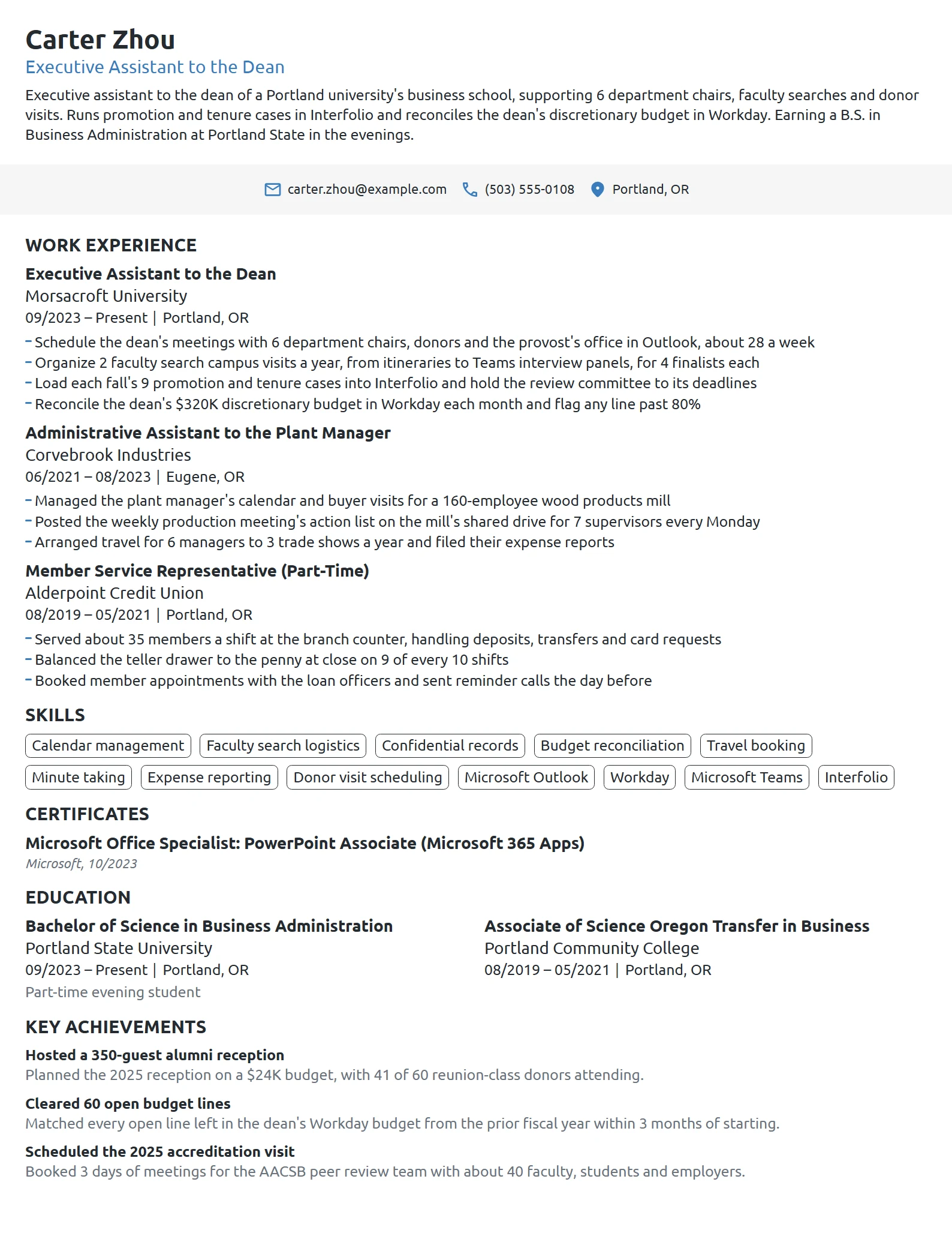 Executive Assistant to the Dean resume example