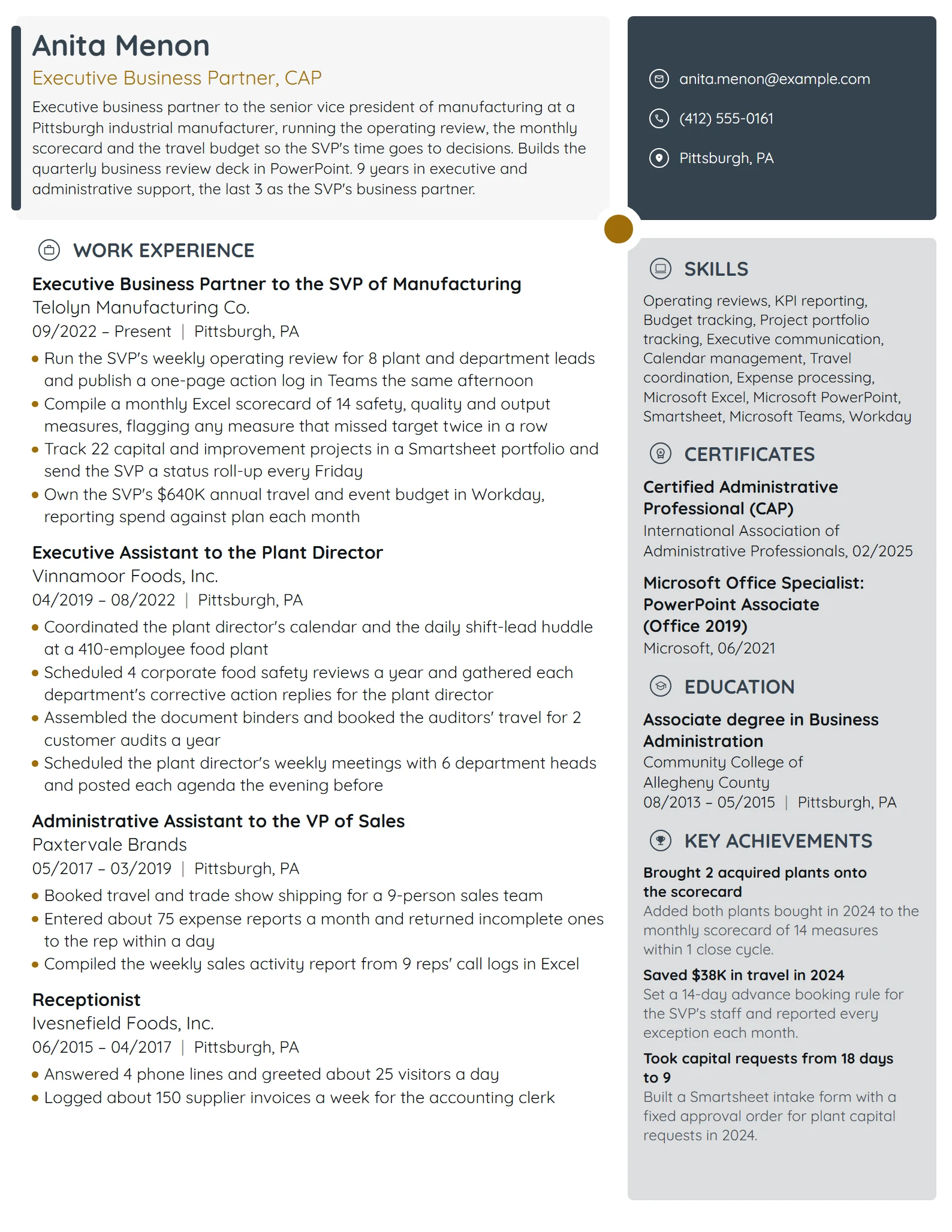 Executive Business Partner resume example