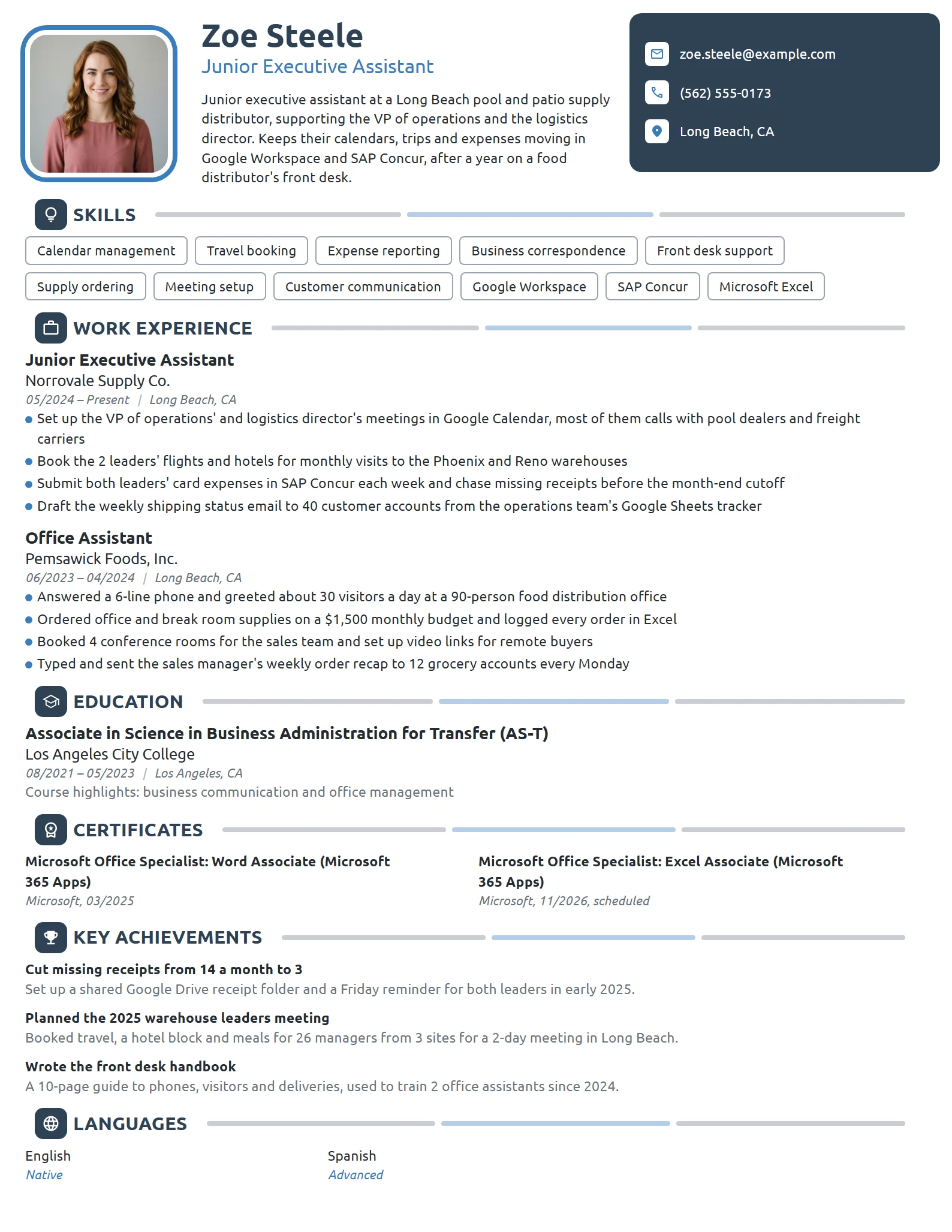 Junior Executive Assistant resume example