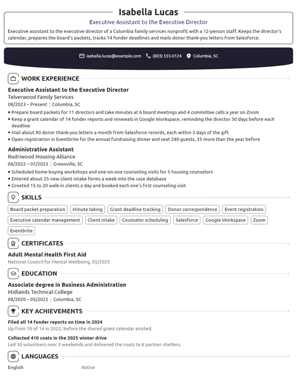 Nonprofit Executive Assistant resume example