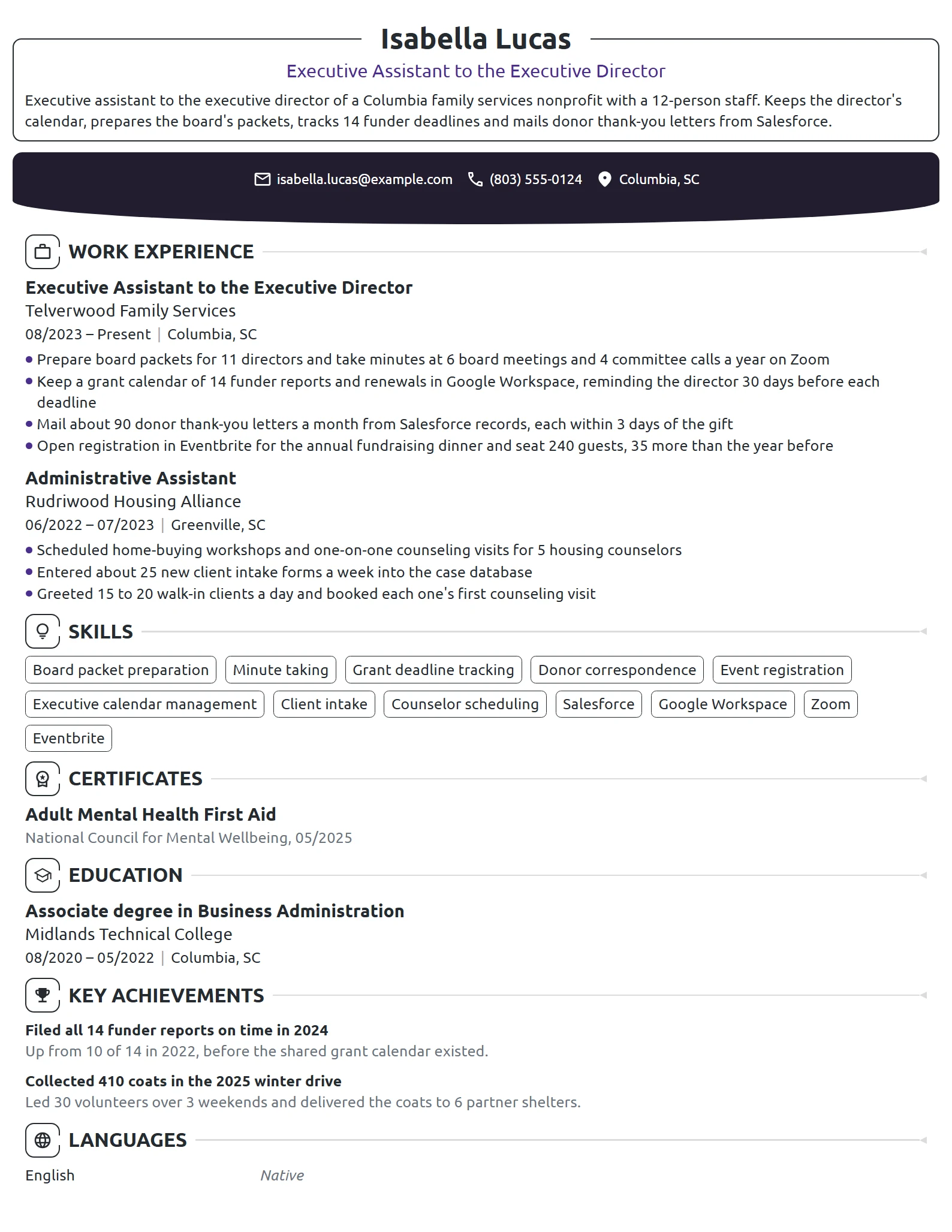Nonprofit Executive Assistant resume example
