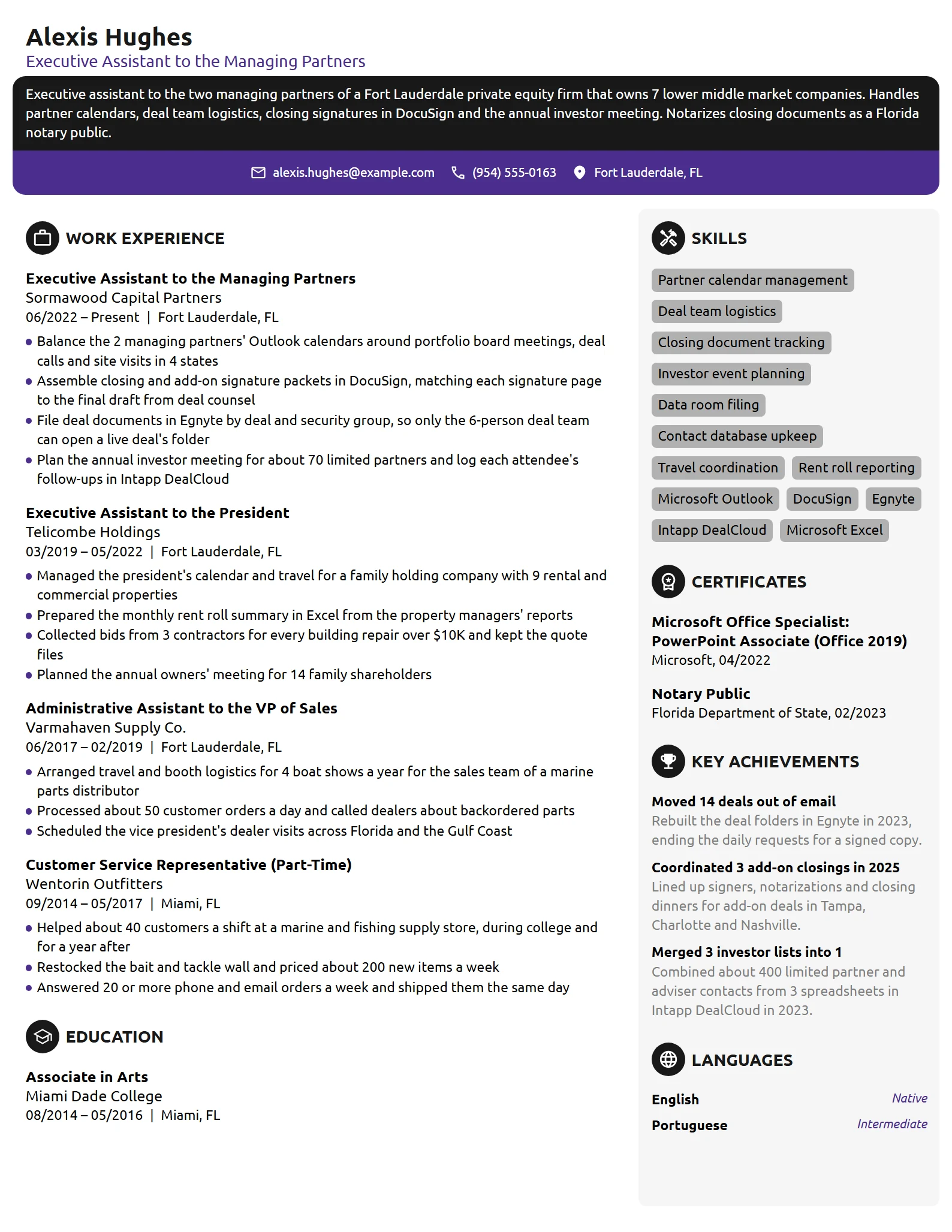 Private Equity Executive Assistant resume example