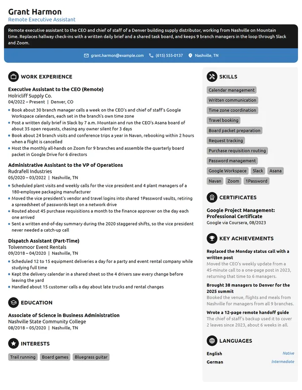 Remote Executive Assistant resume example