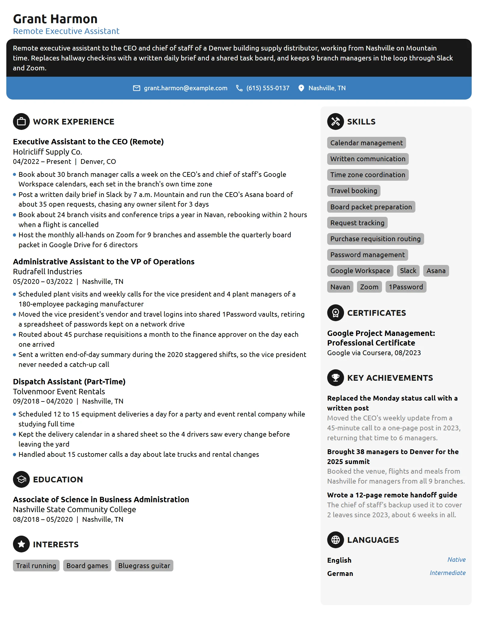 Remote Executive Assistant resume example