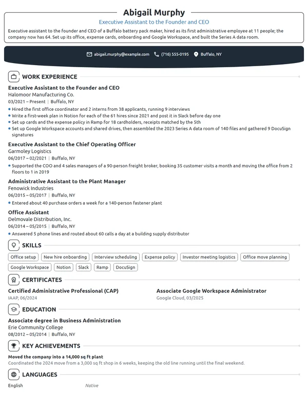 Startup Executive Assistant resume example